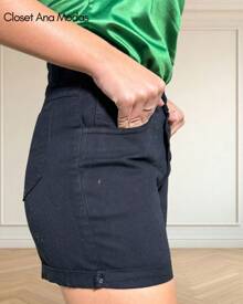 Black Denim Shorts Buttons Lined Black Casual,Party Simple Jeans Straight Leg Non-Stretch - 黑色 - 查看 2