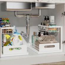 GROWSUN-Organizers And Storage 2 Tier Slide Out Kitchen Cabinet Organizer Sturdy Metal Bathroom Storage 2 Pack - White - View 1