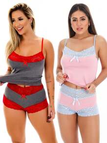 Kit 2 Pijama Feminino Short Baby Doll Renda Short Lingerie Camisete Bicolor Moda