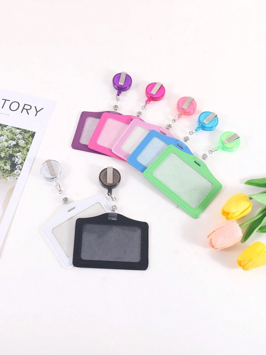1pc Solid Color Card Cover With Card Buckle, Simple Portable Card Holder For Office, School, Student - Hot Pink - View 1