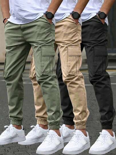3pcs Teen Boy Plain Casual Outdoor Workout Sport Pocket Straight Leg Cargo Pants, Fall/Winter