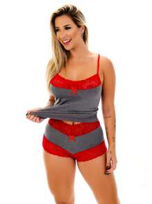 Kit 2 Pijama Feminino Short Baby Doll Renda Short Lingerie Camisete Bicolor Moda