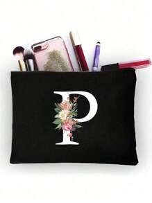 1pc Initials Printed Women's Makeup Bag, Black Small Bag, White Letters A-Z, Cosmetic Bag, Portable Wash Bag, Teacher's Day Gift, Reusable Makeup Bag, Women's Simple And Large Capacity Travel Makeup Bag Suitable For Men And Women, Couples, Daily Use, Birthdays, Holidays, Back To School, Vacation, Beach, Travel, Students, Daily Storage, Personalized Gift Bag, Suitable For Weddings, Mother And Grandmother's Birthday Gifts, Ladies, Friends, Bridesmaids, Travel Essentials Makeup Organizer - Black - View 33