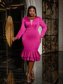 Faeriesty Đầm dự tiệc cocktail cổ khoét sâu, váy dạ hội dài tay thanh lịch, trang trọng, dự tiệc sinh nhật, tiệc cưới, tốt nghiệp, tiệc tối, tiệc về trường - Màu Hồng Tươi - Xem 3