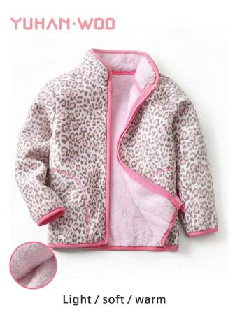 YUHANWOO Young Girl Plush-Lined Jacket, Pink Leopard Heart Print, Warm Thermal Lined, Windproof, Stand Collar, Fall/Winter, Outdoor Casual Zipper Coat