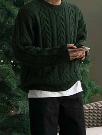 白悦时尚复古圣诞绿色日式宽松扭结针织男士毛衣 - 保暖秋冬圆领针织衫，圣诞节、新年装扮，长袖上衣