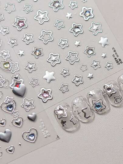 1 Sheet Star Heart Nail Art Sticker With Diamond Stars Nail Tip Design Self-Adhesive For Women Girls Luxury Manicure Decoration Ornaments