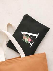 1pc Initials Printed Women's Makeup Bag, Black Small Bag, White Letters A-Z, Cosmetic Bag, Portable Wash Bag, Teacher's Day Gift, Reusable Makeup Bag, Women's Simple And Large Capacity Travel Makeup Bag Suitable For Men And Women, Couples, Daily Use, Birthdays, Holidays, Back To School, Vacation, Beach, Travel, Students, Daily Storage, Personalized Gift Bag, Suitable For Weddings, Mother And Grandmother's Birthday Gifts, Ladies, Friends, Bridesmaids, Travel Essentials Makeup Organizer - Black - View 7