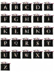 1pc Initials Printed Women's Makeup Bag, Black Small Bag, White Letters A-Z, Cosmetic Bag, Portable Wash Bag, Teacher's Day Gift, Reusable Makeup Bag, Women's Simple And Large Capacity Travel Makeup Bag Suitable For Men And Women, Couples, Daily Use, Birthdays, Holidays, Back To School, Vacation, Beach, Travel, Students, Daily Storage, Personalized Gift Bag, Suitable For Weddings, Mother And Grandmother's Birthday Gifts, Ladies, Friends, Bridesmaids, Travel Essentials Makeup Organizer - Black - View 2