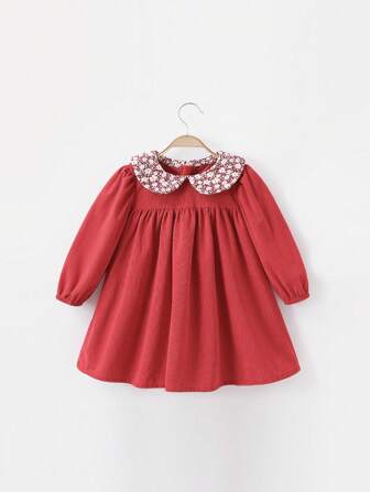1pc Young Girl Sweet Peter Pan Collar Long Sleeve Corduroy Dress, Spring Autumn