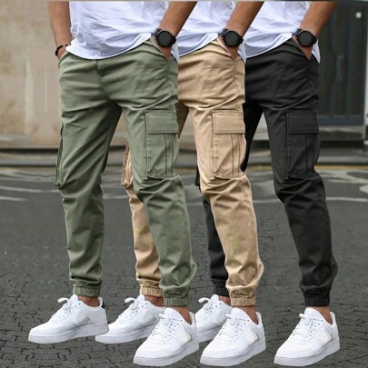 3pcs Teen Boy Plain Casual Outdoor Workout Sport Pocket Straight Leg Cargo Pants, Fall/Winter