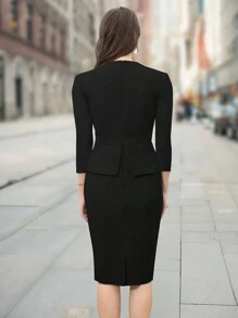 HOMEYEE Vestido negro elegante de primavera, de corte ajustado, con cuello cuadrado y mangas 3/4, de estilo vintage y casual para el trabajo - Negro - Ver 2