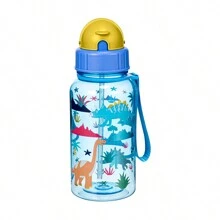 1pc 500ml Cute Cartoon Print Water Bottle With Straw For School Leak Proof & Easy Clean & Carry Handle, For Outdoor, Camping
