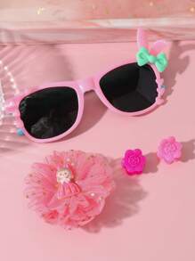 5pcs/Set Macaroon Color Arabic Numeral Dial Silicone Strap Children's Cartoon Hair Clip & Fashion Glasses Combination Suitable For Birthday Gift, Halloween Gift, Etc. - Pink - View 3