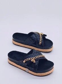 roulvxiang Chaussures populaires à semelle épaisse pour femmes, peuvent être portées dans l'eau, tongs à strass et sequins, sandales compensées multicolores pour dames - Noir - Voir 1