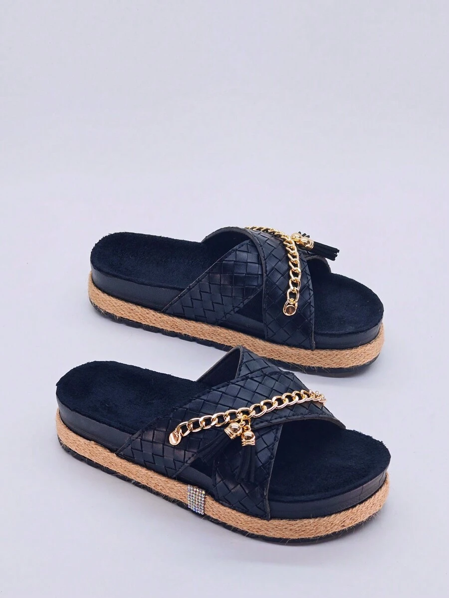 roulvxiang Chaussures populaires à semelle épaisse pour femmes, peuvent être portées dans l'eau, tongs à strass et sequins, sandales compensées multicolores pour dames - Noir - Voir 1