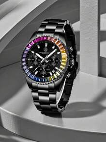 1pc Luxury Business Men's Watch, Chronograph, Rainbow Case Men's Stainless Steel Strap Calendar Night Light Quartz Watch, Men's Casual Watch, Waterproof Clock Women's Watch+Free Chain Link Remover