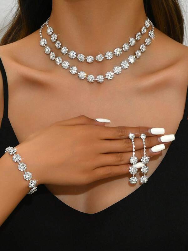 Conjunto de 2 peças/conjunto de colar e brincos de diamante de duas fileiras, elegante para gala, baile, festa