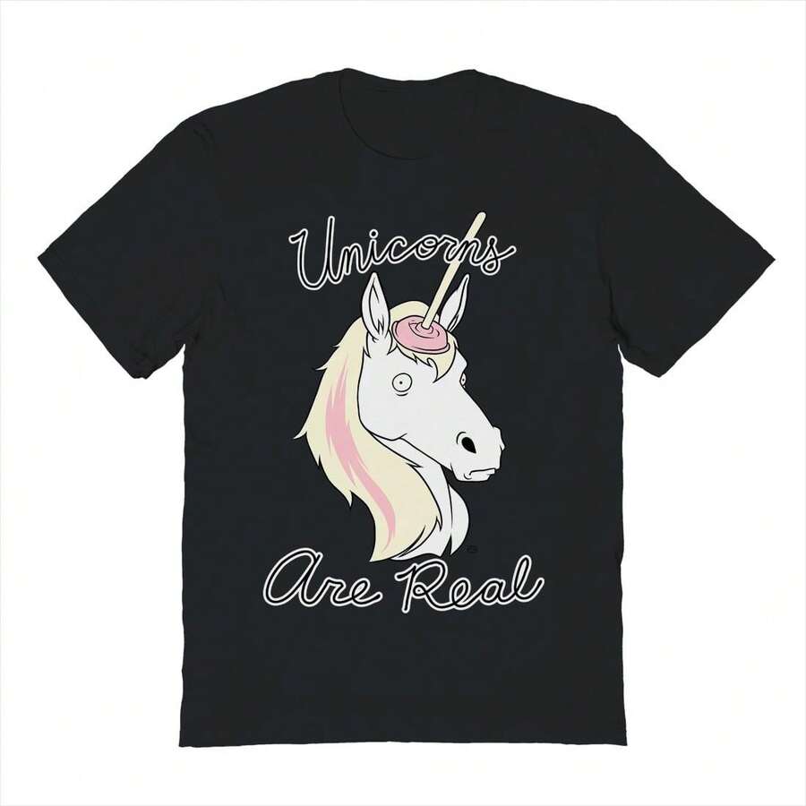 Nearly There Unicorns Are Real   Unisex Graphic Cotton Short-Sleeve T-Shirt - 黑色 - 查看 1