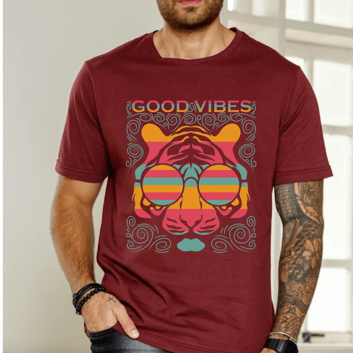 Good Vibes Colorfull T-Shirt New Release 100% Cotton Men's Top High Quality Exclusive - 酒紅色 - 查看 1