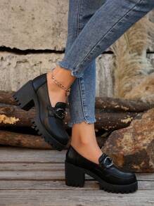 秋冬女士黑色链条平底鞋，防水厚底厚跟设计，让您看起来更高更瘦，女士优雅高跟鞋，优雅乐福鞋 - 黑色 - 查看 5