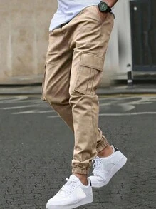 Tween Boy 1pc Casual Loose Fit Elastic Waist Pocket Cargo Pants , Spring & Autumn - Khaki - View 3