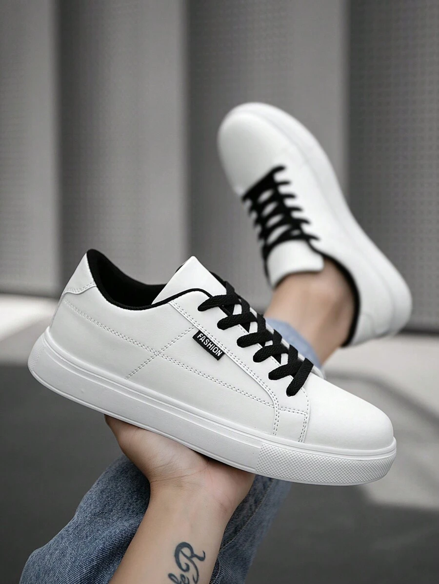Men's Personalized White Splicing Letter Solid Color Casual Sports Shoes, Minimalist Versatile Flat Outdoor Sneakers For Work And Students