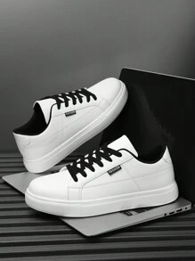 男士个性白色拼接字母纯色休闲运动鞋简约百搭平底户外运动鞋上班学生 - 白色 - 查看 3