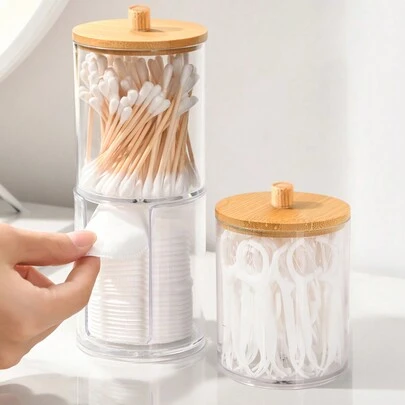 1 hộp đựng tăm bông trong suốt có nắp tre, hộp đựng bông trang điểm chống bụi, lọ nhựa trong suốt đựng tăm bông, mỹ phẩm, đồ dùng phòng tắm, đồ dùng sắp xếp và lưu trữ gia đình, quà tặng ngày lễ, quà tặng Giáng sinh