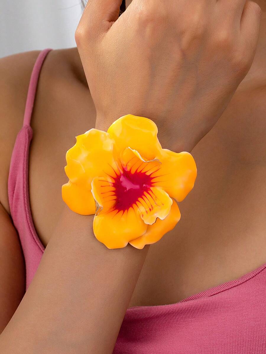 1 Pc Enameled Big Flower Floral Cuff Bangle Statement Bracelet For Women - Yellow - View 1