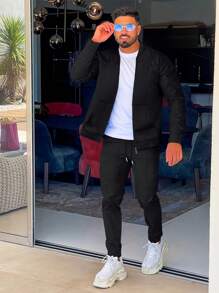 1 Set Baseball Collar Solid Color Long Sleeve Cardigan Jacket + Long Pants - Black - View 1