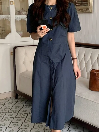 2025春夏复古修身中长纯色连衣裙