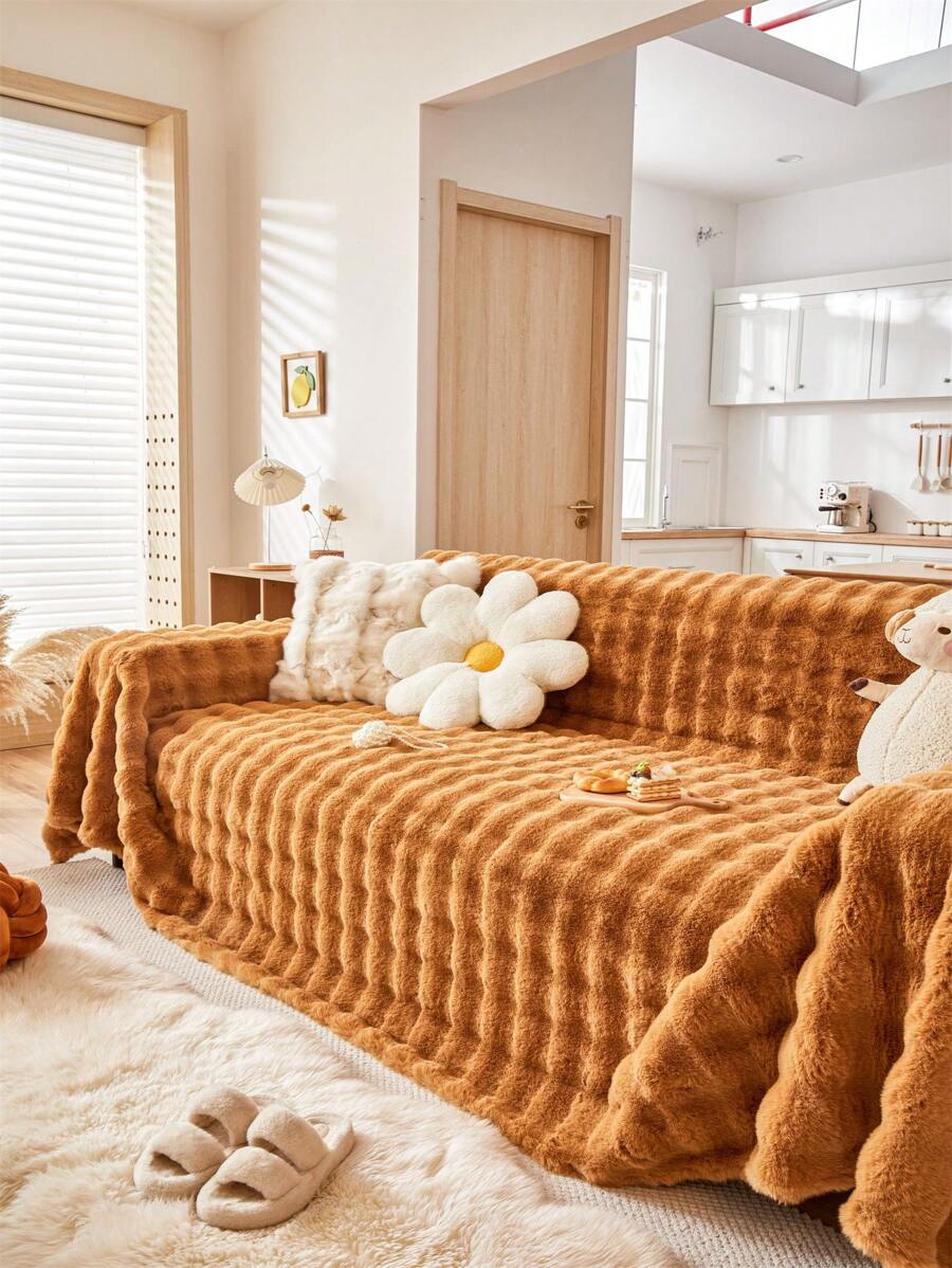 1pc Plush Sofa Towel, Skin-Friendly Sofa Cover, Anti-Slip Anti-Dust Anti-Scratch, Protect Sofa, Suitable For Bedroom And Living Room - Brown - View 1
