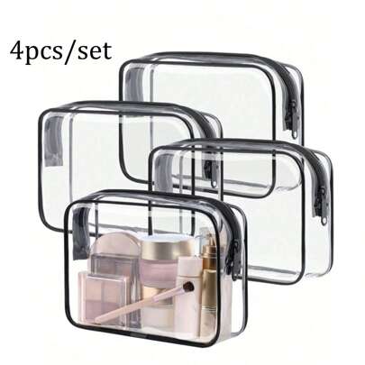 4pcs Black Minimalist Unisex Toiletry Bag, Waterproof Transparent Cosmetic Pouch, 1 Quart Capacity, Suitable For Travel, Men & Women, Carry-On Approved, Great Gift, Essential For Holidays, Women's Summer Beach Bag, Back To School Supplies