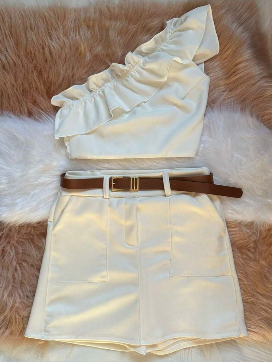 2 PIECE SET WITH ONE SHOULDER CROPPED TOP AND TAILORED SKIRT SHORTS WITH BELT NEW FOR SUMMER 2025 - trắng - Xem 1