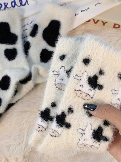 1 Paio di Calze in Velluto di Visone Morbido per Autunno/Inverno, Calze Calde e Spesse con Motivo a Macchie di Mucca, Confortevoli per Casa, Ragazze, Post-Parto