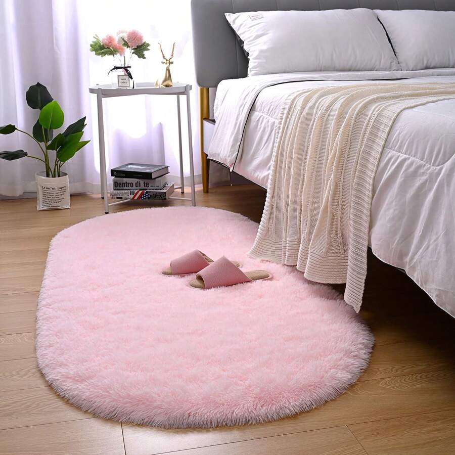 Soft Shaggy Rug For Bedroom, Oval 2.6'x5.3' Plush Fluffy Carpet For Living Room, Anti-Skid Fuzzy Comfy Rug Cute Play Mat - 粉色 - 查看 1