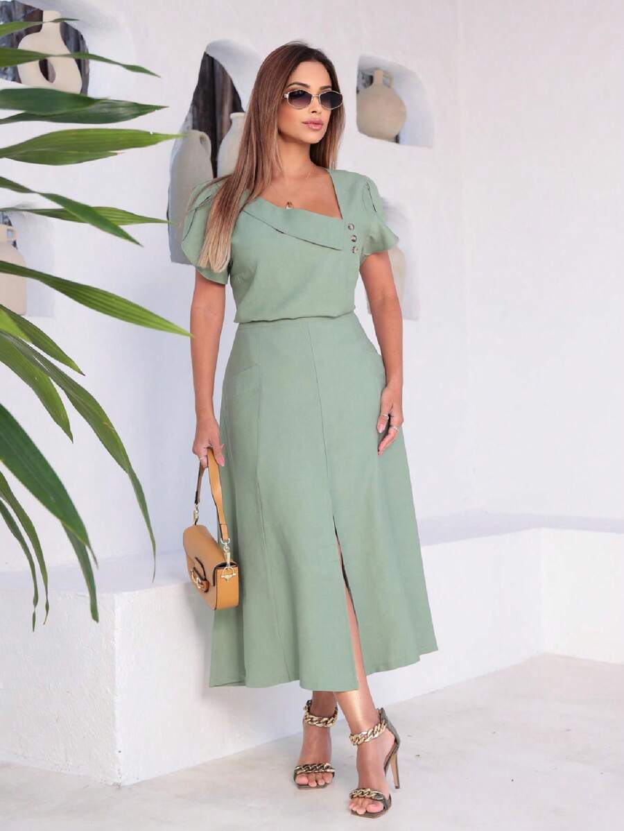 Viscose Twill Skirt And Blouse Set: Short-Sleeved Blouse With Boat Neckline, Flared Midi Skirt With Pockets And Front Slit - 薄荷綠 - 查看 1