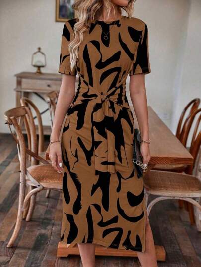 Vestidos De Dama Manga Corta Cuello Redondo Moda Rayas Lazo Cintura Media