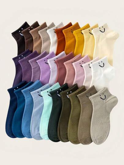5双/10双/20双装女士短袜，新款彩色卡通百搭舒适袜，简约透气防臭，男女皆宜的学院风中筒袜，适合秋冬季节及所有季节穿着。