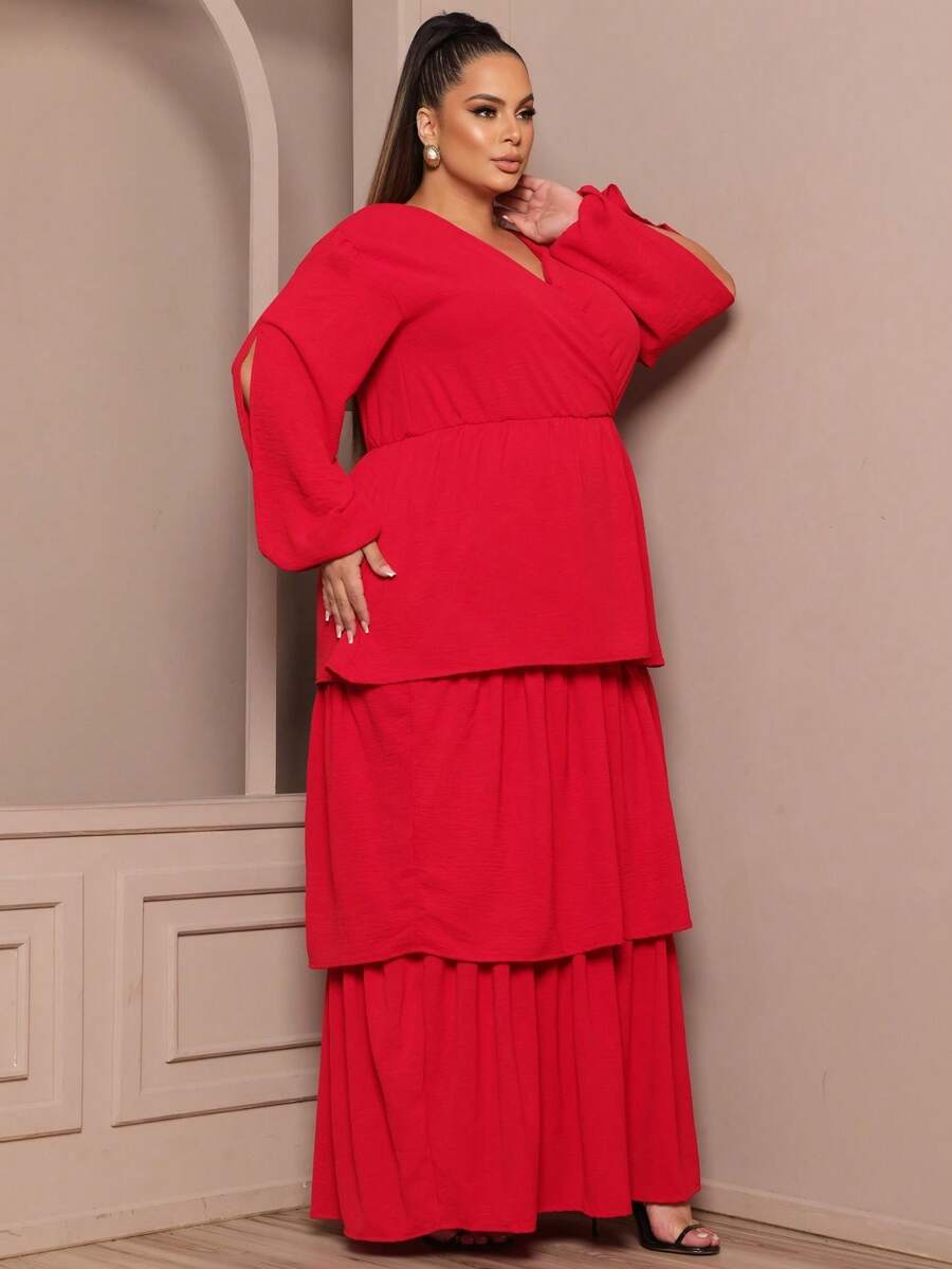 Long Bridesmaid Dress With V-Neckline, Elegant Ruffles And Adjustable Elastic Waist - Đỏ - Xem 1