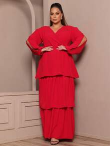 Long Bridesmaid Dress With V-Neckline, Elegant Ruffles And Adjustable Elastic Waist - Đỏ - Xem 3