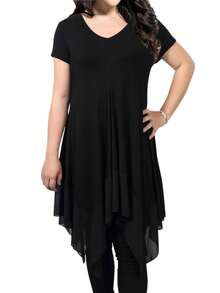 Lxt--Lxt-Plus Size Tops Women IIrregularly Spliced Short-Sleeved Mid-Length Top - 黑色 - 查看 3