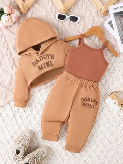 Baby Girl 3pcs Autumn & Winter Outfit Set: Beige Sweatshirt, Overalls, & Pants