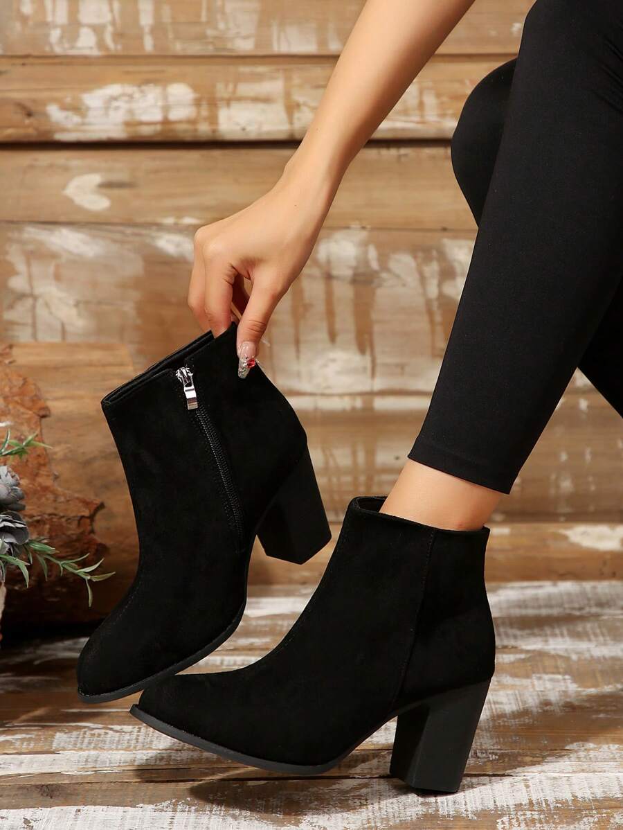 秋冬女士时尚水钻拉链舒适粗跟靴搭配黑色连衣裙情人节女靴 - 黑色 - 查看 1