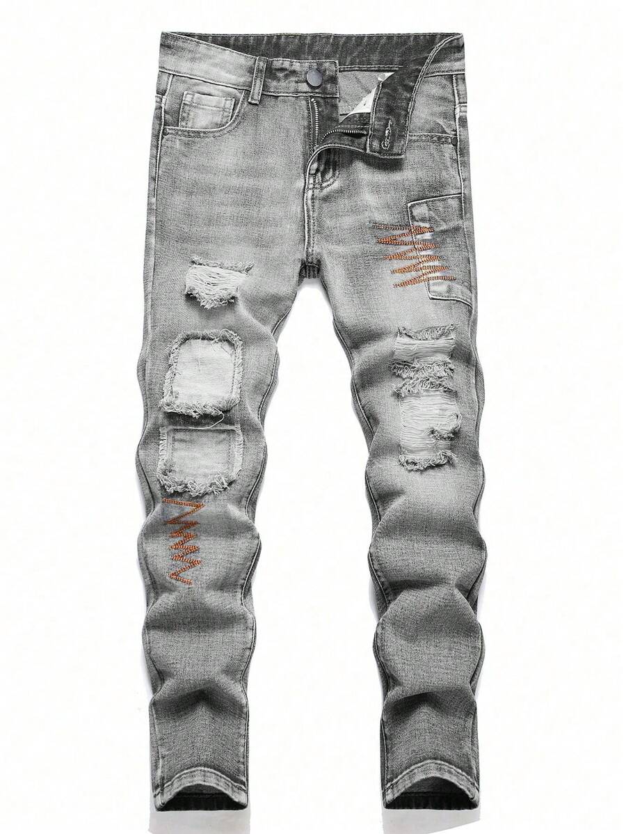 Teen Boys Fashionable Ripped Non-Stretch Jeans - Grey - View 1