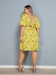Women's Plus Size Printed Short Dress - flor verde lima - Ver 5