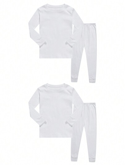 4 قطع/مجموعة بيجامة أطفال صبيان/بنات لون سادة، تي شيرت بأكمام طويلة وبنطلون ليقنز، للخريف