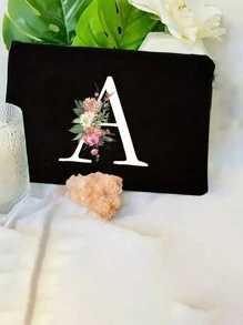 1pc Initials Printed Women's Makeup Bag, Black Small Bag, White Letters A-Z, Cosmetic Bag, Portable Wash Bag, Teacher's Day Gift, Reusable Makeup Bag, Women's Simple And Large Capacity Travel Makeup Bag Suitable For Men And Women, Couples, Daily Use, Birthdays, Holidays, Back To School, Vacation, Beach, Travel, Students, Daily Storage, Personalized Gift Bag, Suitable For Weddings, Mother And Grandmother's Birthday Gifts, Ladies, Friends, Bridesmaids, Travel Essentials Makeup Organizer - Black - View 8