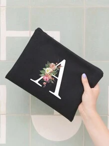 1pc Initials Printed Women's Makeup Bag, Black Small Bag, White Letters A-Z, Cosmetic Bag, Portable Wash Bag, Teacher's Day Gift, Reusable Makeup Bag, Women's Simple And Large Capacity Travel Makeup Bag Suitable For Men And Women, Couples, Daily Use, Birthdays, Holidays, Back To School, Vacation, Beach, Travel, Students, Daily Storage, Personalized Gift Bag, Suitable For Weddings, Mother And Grandmother's Birthday Gifts, Ladies, Friends, Bridesmaids, Travel Essentials Makeup Organizer - Black - View 5